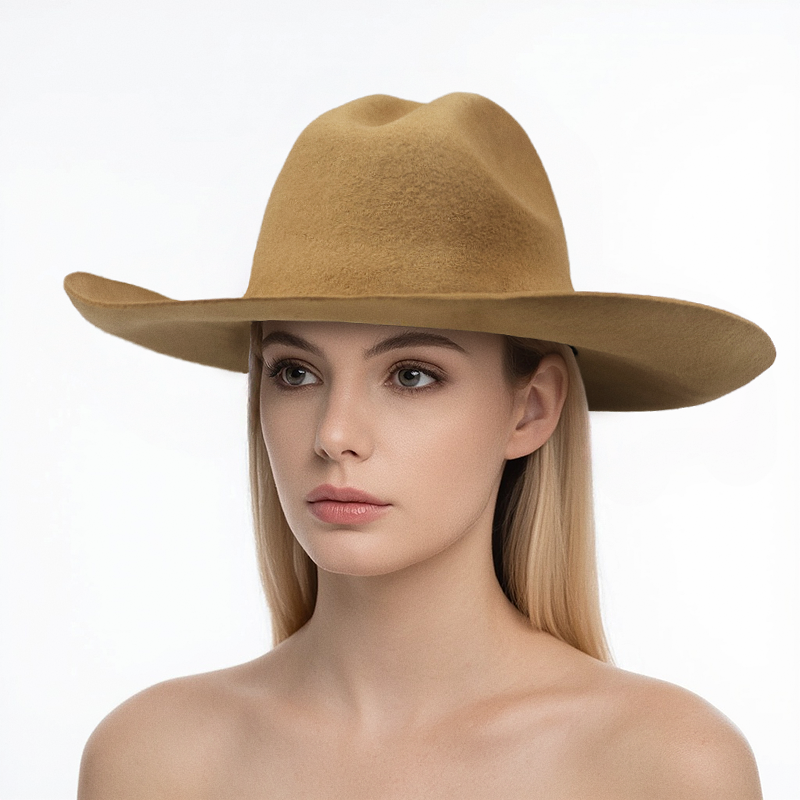 A model wearing a khaki cowboy hat