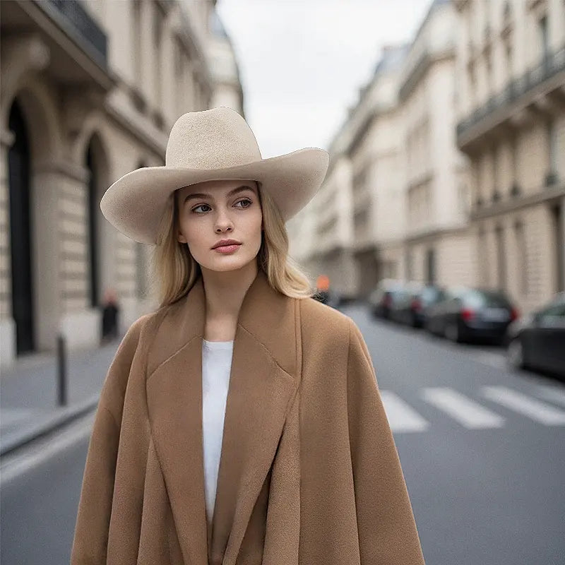 A woman wearing a camel coat and a beige felt wide-brimmed cowboy hat stands on a city street.