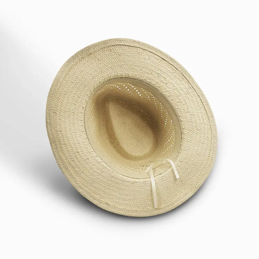 Beige woven wide-brimmed straw hat with an adjustable inner strap.