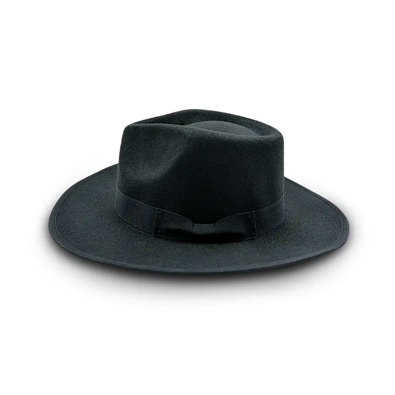 Black wide - brimmed hat with a black band featuring a small bow detail