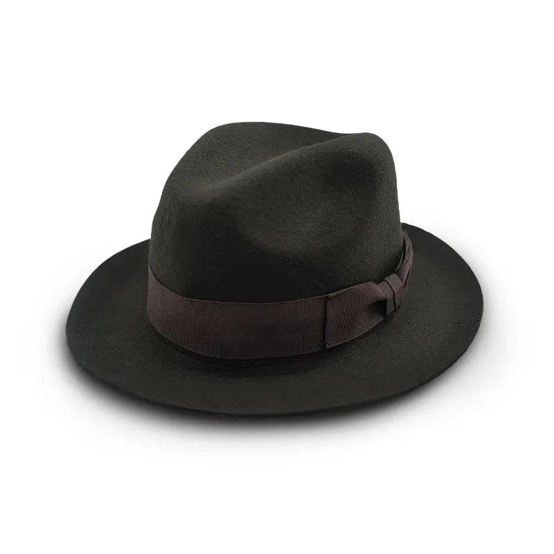 Dark green felt fedora with dark grey band and bow detail.