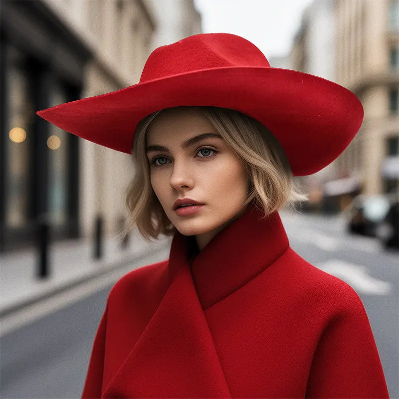 A woman in a red coat and a red felt wide-brimmed cowboy hat stands on a city street