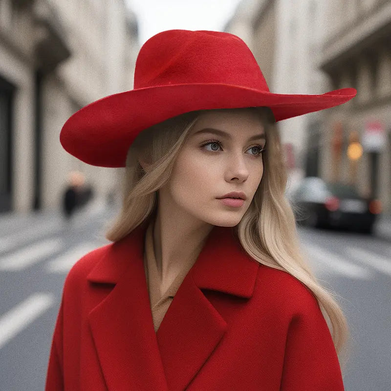 A woman in a red coat and a red felt wide-brimmed cowboy hat stands on a city street