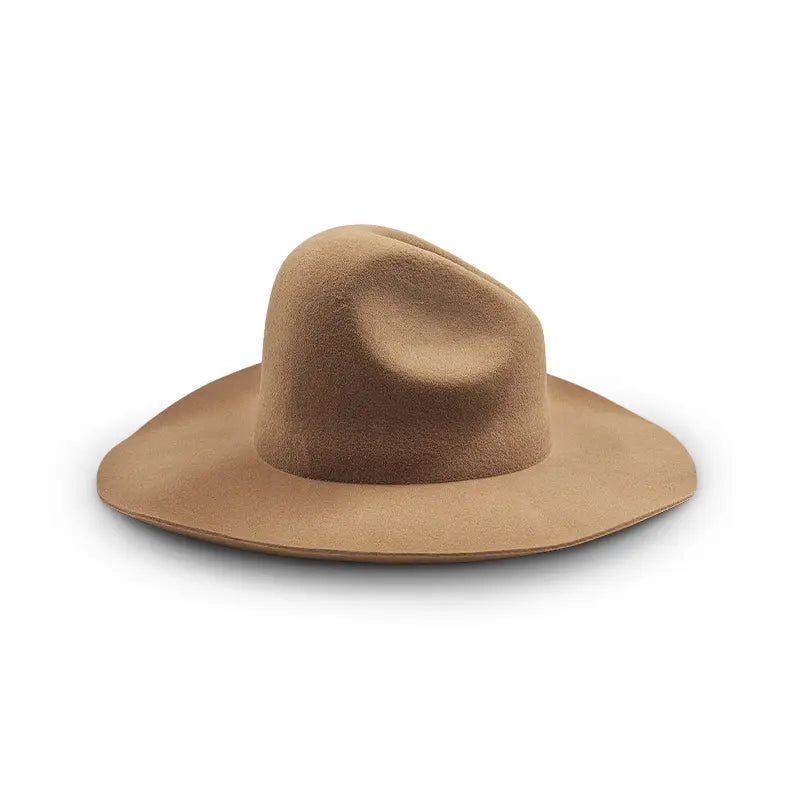 A light khaki felt wide-brimmed cowboy hat.