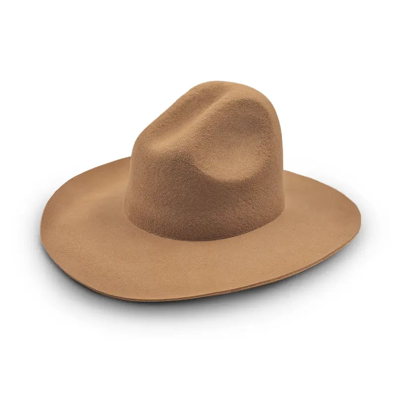 A light khaki felt wide-brimmed cowboy hat.