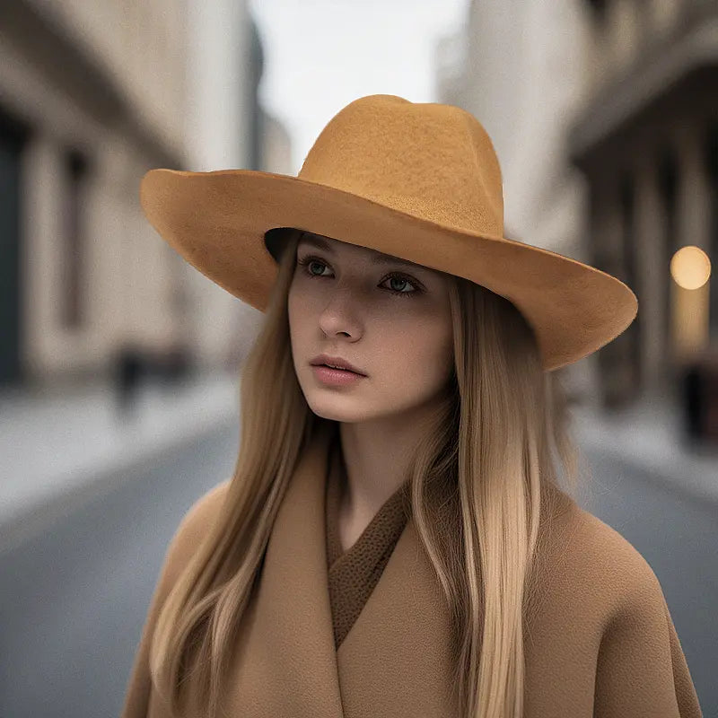 On a city street, a woman in a camel coat wore a light khaki felt, wide-brimmed cowboy hat.