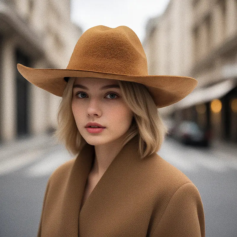 On a city street, a woman in a camel coat wore a light khaki felt, wide-brimmed cowboy hat.