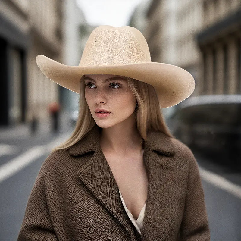 A woman wearing a camel coat and a beige felt wide-brimmed cowboy hat stands on a city street.