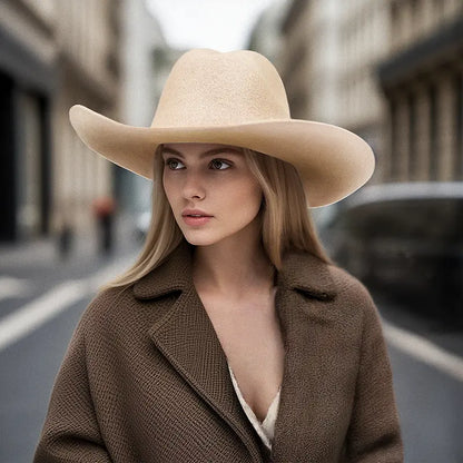 A woman wearing a camel coat and a beige felt wide-brimmed cowboy hat stands on a city street.