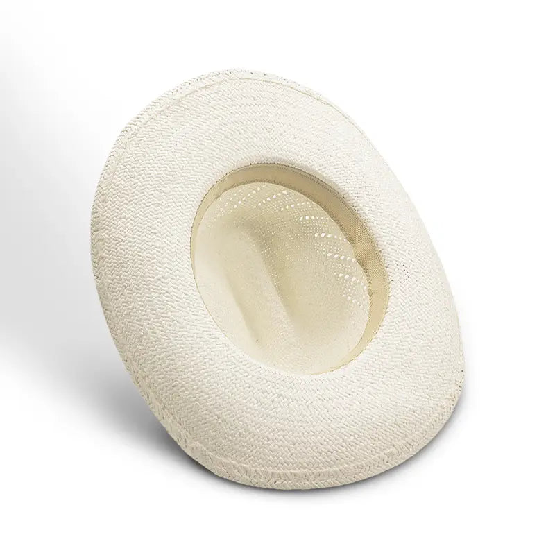 White straw cowboy hat with a beige sweatband and perforations for ventilation.