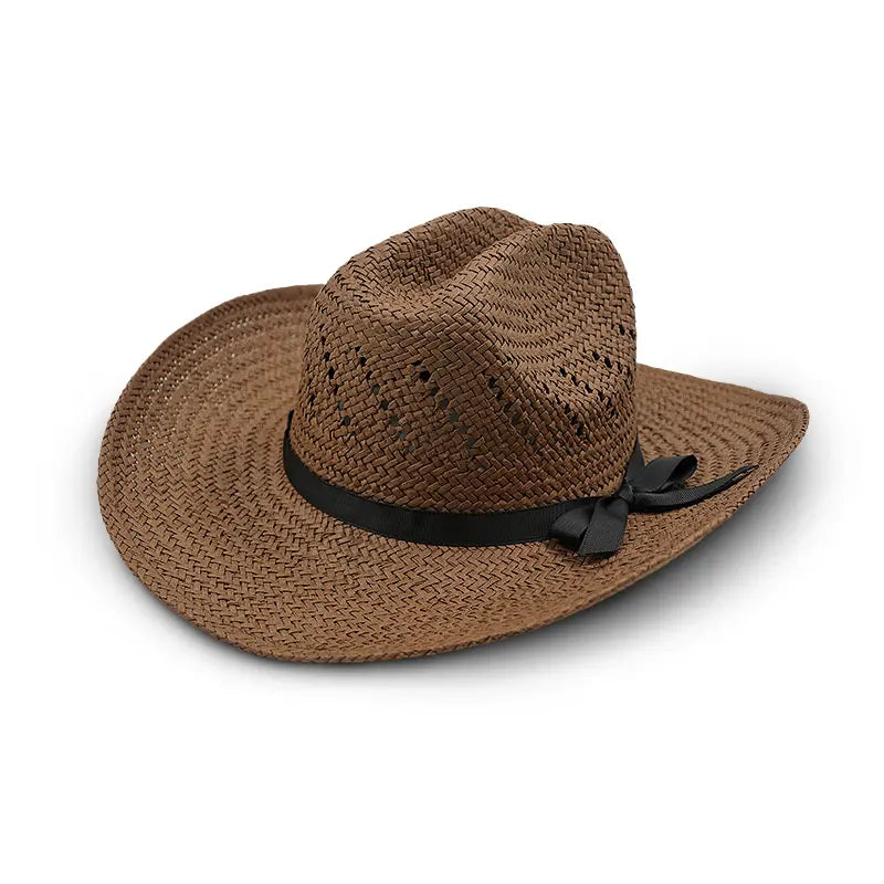 Brown straw cowboy hat with a black ribbon and bow, featuring ventilation perforations.