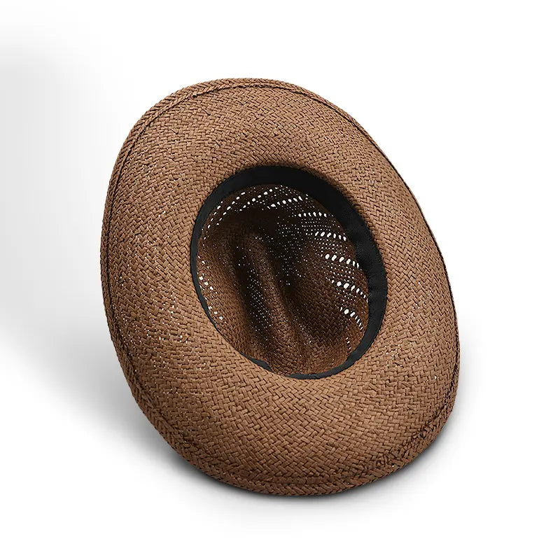 Browning brown straw cowboy hat with a black sweatband and ventilation perforations.