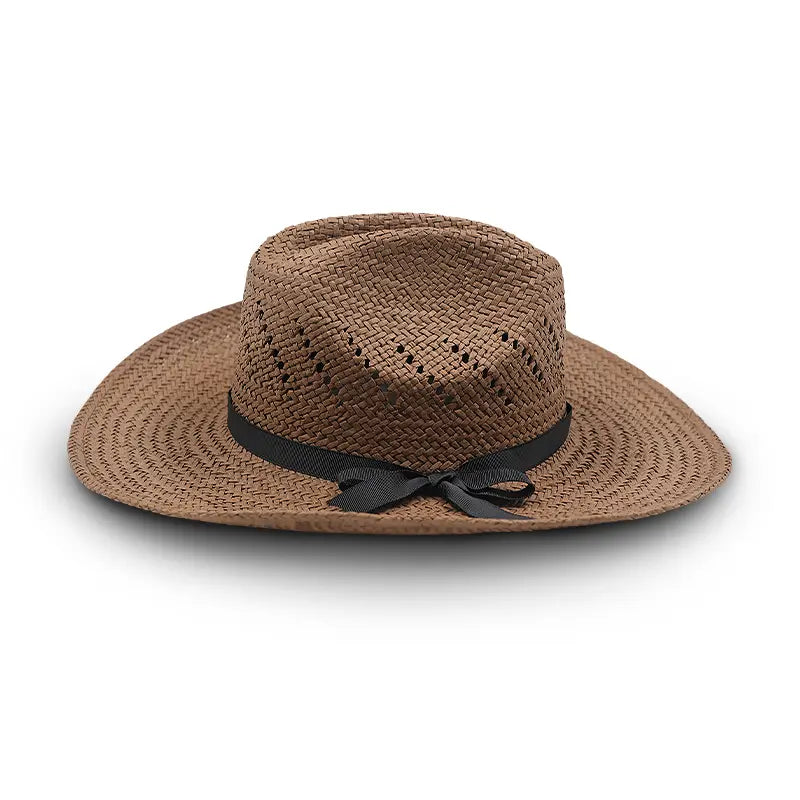Brown straw cowboy hat with a black ribbon and bow, featuring ventilation perforations.
