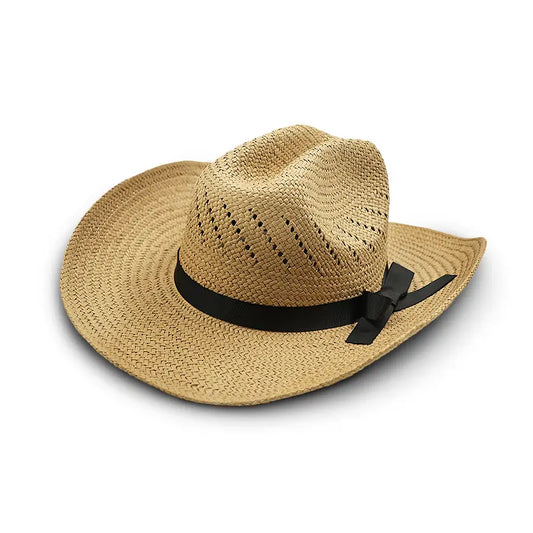 Light khaki straw cowboy hat featuring a black ribbon and bow and perforated design for ventilation.
