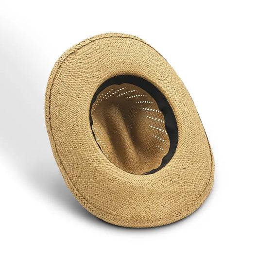Light khaki straw cowboy hat with a black sweatband and perforations for ventilation.