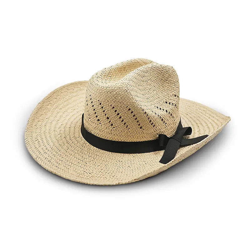 Off-white straw cowboy hat with a black ribbon and bow, featuring perforations for ventilation.