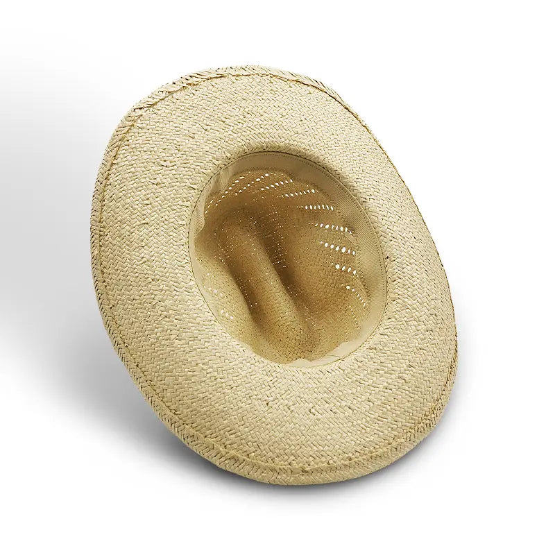 Off-white straw cowboy hat with a beige sweatband and perforations for ventilation.