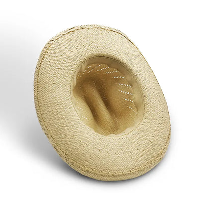 Off-white straw cowboy hat with a beige sweatband and perforations for ventilation.