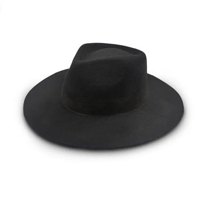 A black felt wide-brimmed fedora with a dark band.