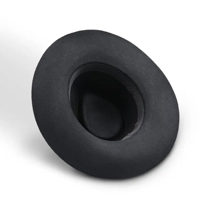 Black felt wide-brimmed fedora with a black sweatband lining