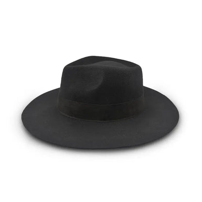 A black felt wide-brimmed fedora with a dark band.