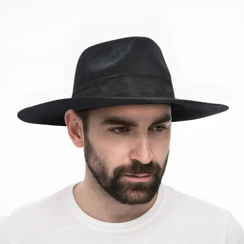 The man in the white shirt wore a black felt wide-brimmed fedora.