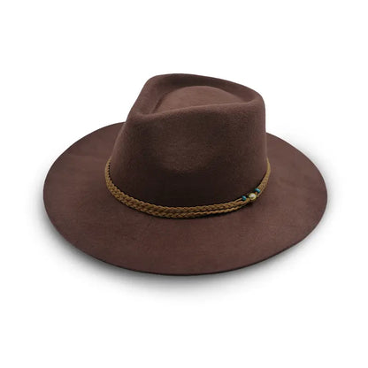 Brown felt wide-brimmed fedora with braided cord and beading.