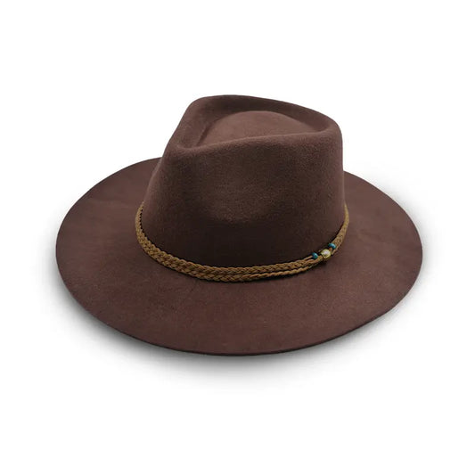 Brown felt wide-brimmed fedora with braided cord and beading.