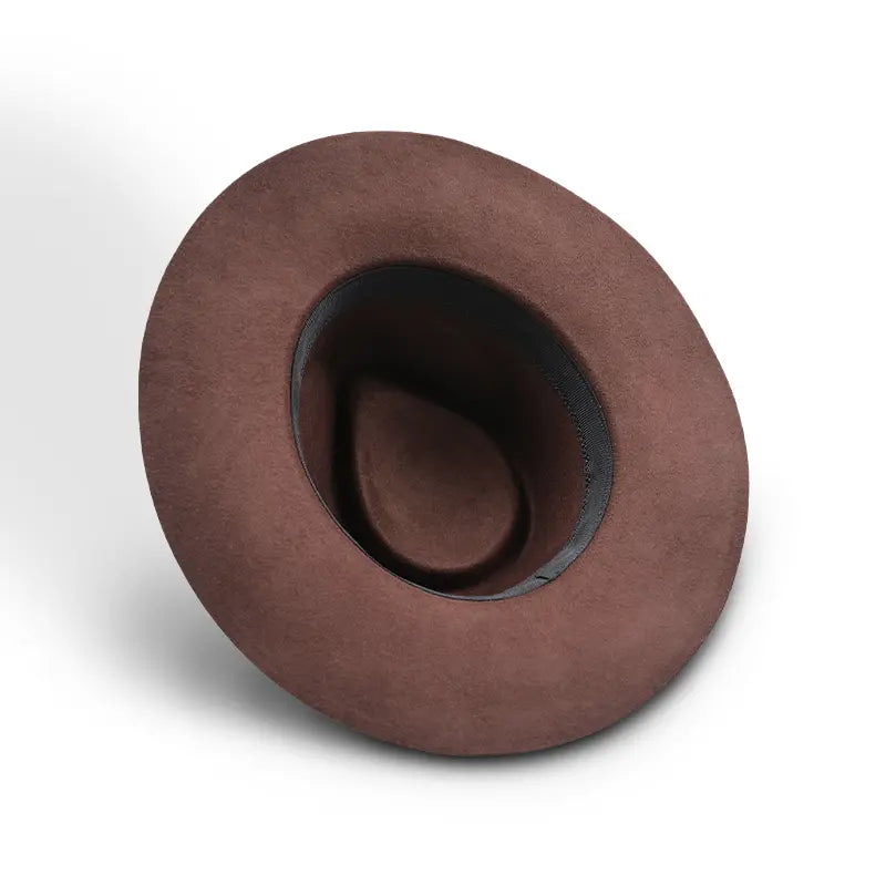 Brown felt wide-brimmed fedora lining with black sweatband