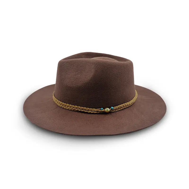 Brown felt wide-brimmed fedora with braided cord and beading.