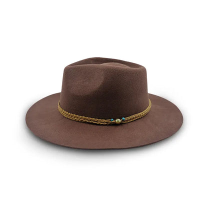 Brown felt wide-brimmed fedora with braided cord and beading.