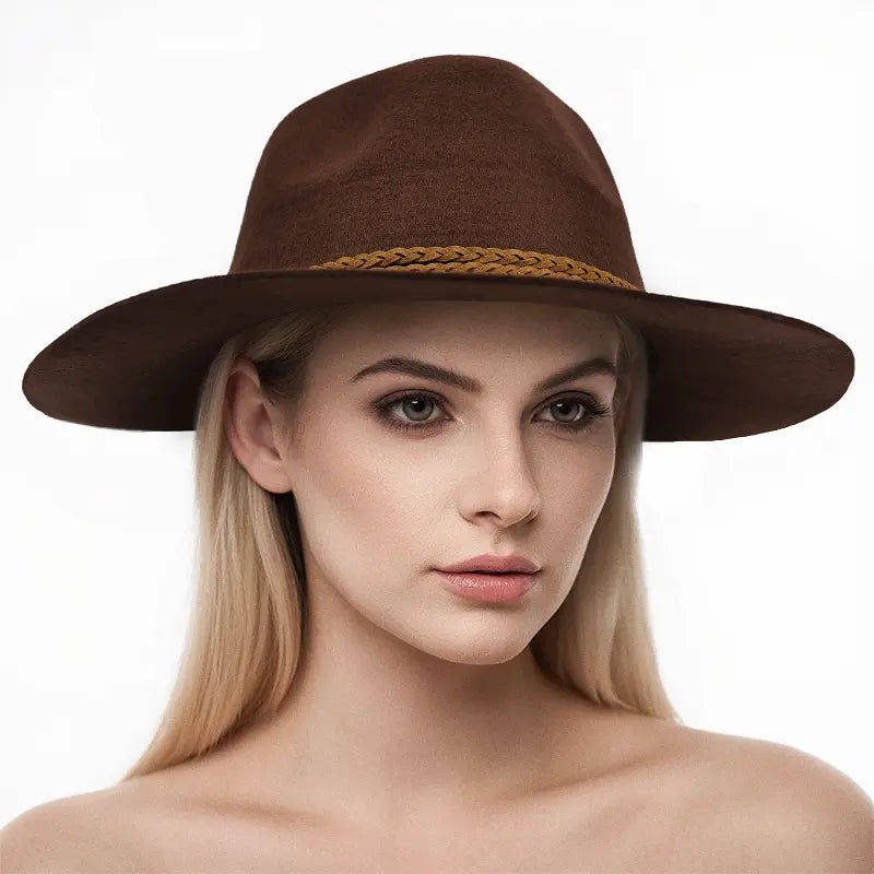 Model wears a brown felt wide-brimmed fedora hat with braided detailing
