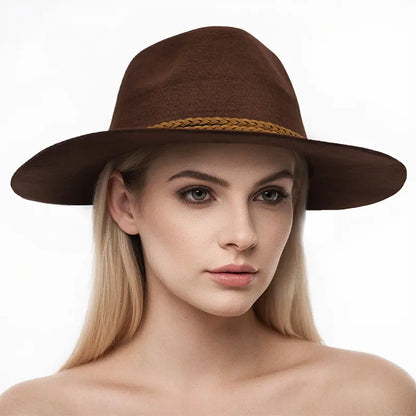 Model wears a brown felt wide-brimmed fedora hat with braided detailing