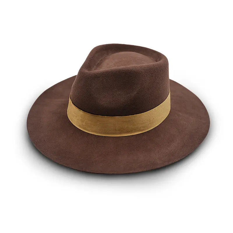 Brown felt wide-brimmed fedora with a tan band.