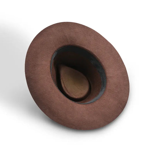 Brown felt wide-brimmed fedora with a black sweatband lining