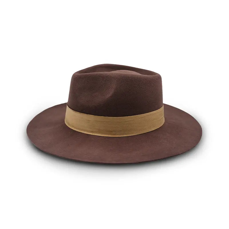 Brown felt wide-brimmed fedora with a tan band.