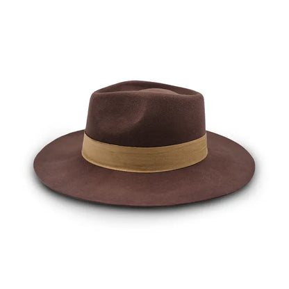 Brown felt wide-brimmed fedora with a tan band.