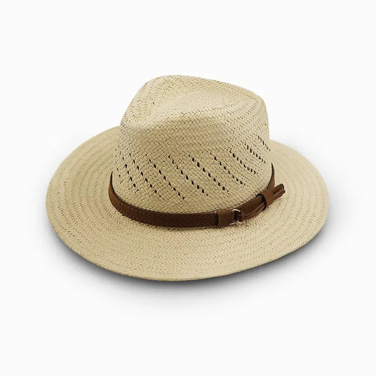 Beige woven wide-brimmed straw hat with a perforated crown for ventilation and a brown leather strap with a metal buckle.