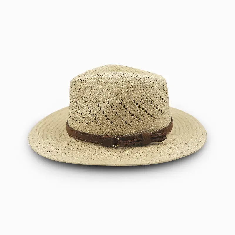 Beige woven straw hat with a wide brim, diagonal perforated top for ventilation, and a brown leather belt with a metal buckle.