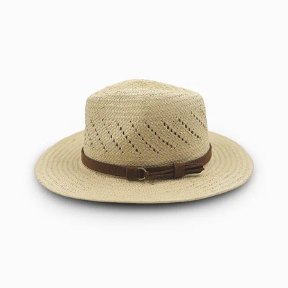 Beige woven straw hat with a wide brim, diagonal perforated top for ventilation, and a brown leather belt with a metal buckle.