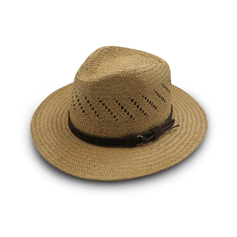 Light brown straw fedora hat with a leather strap and perforated details for ventilation.