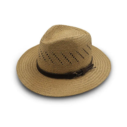 Light brown straw fedora hat with a leather strap and perforated details for ventilation.