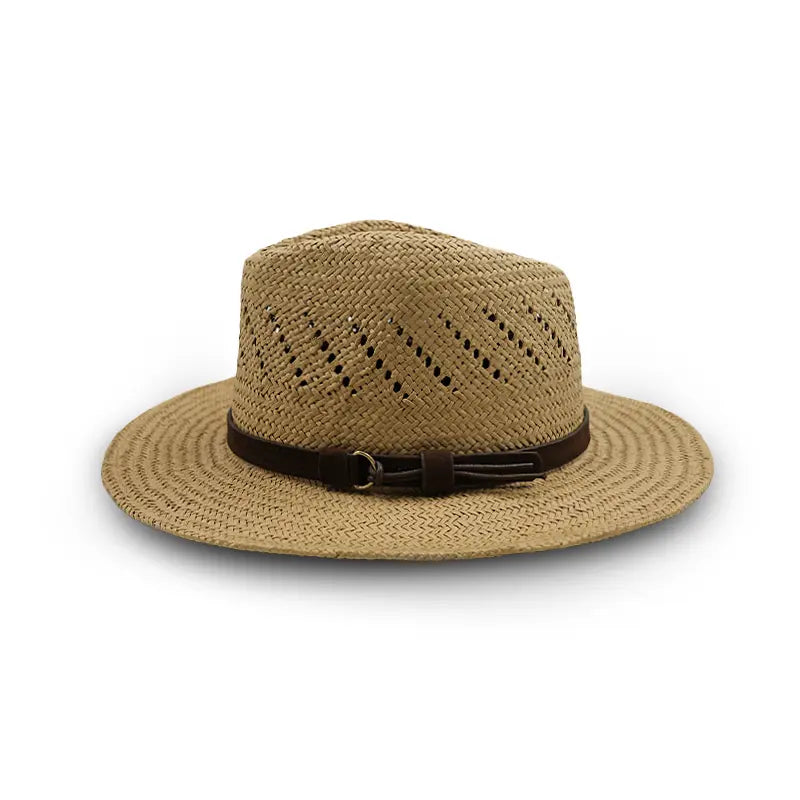 Light brown straw fedora hat with a leather strap and perforated details for ventilation.