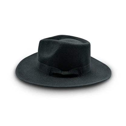 Black wide - brimmed hat with a black band featuring a small bow detail