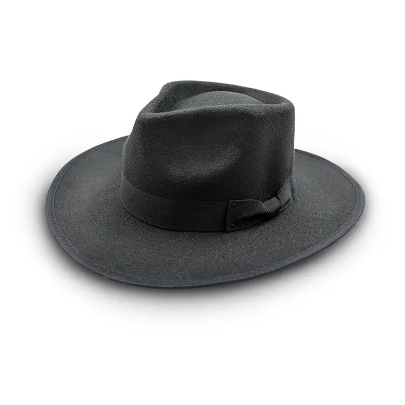 Black  wide - brimmed hat with a black band that has a small decorative element