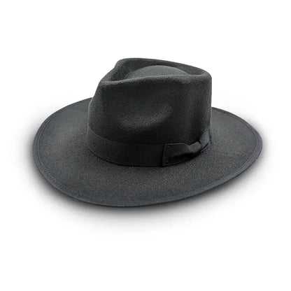 Black  wide - brimmed hat with a black band that has a small decorative element