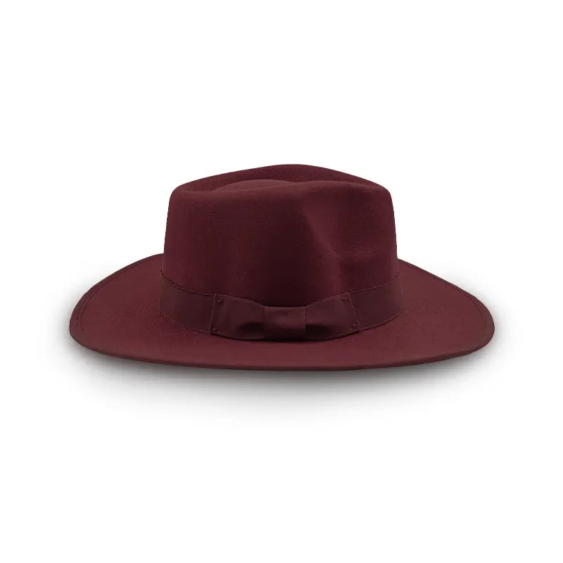 Wine wide - brimmed hat with a matching Wine band featuring a bow detail