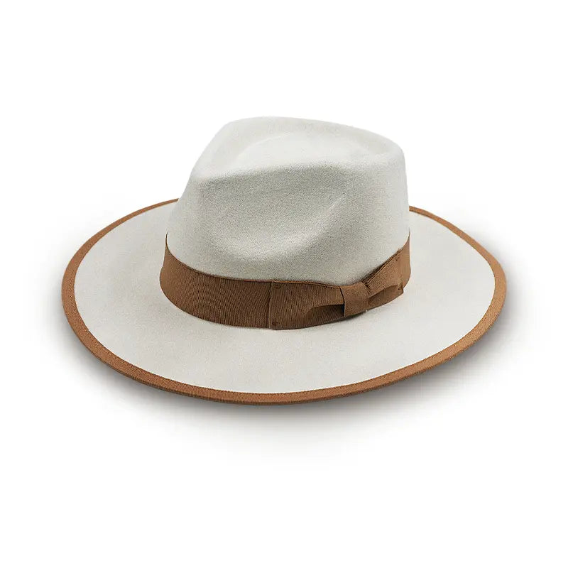 White wide - brimmed hat with brown trim along the brim and a brown textured band around the crown