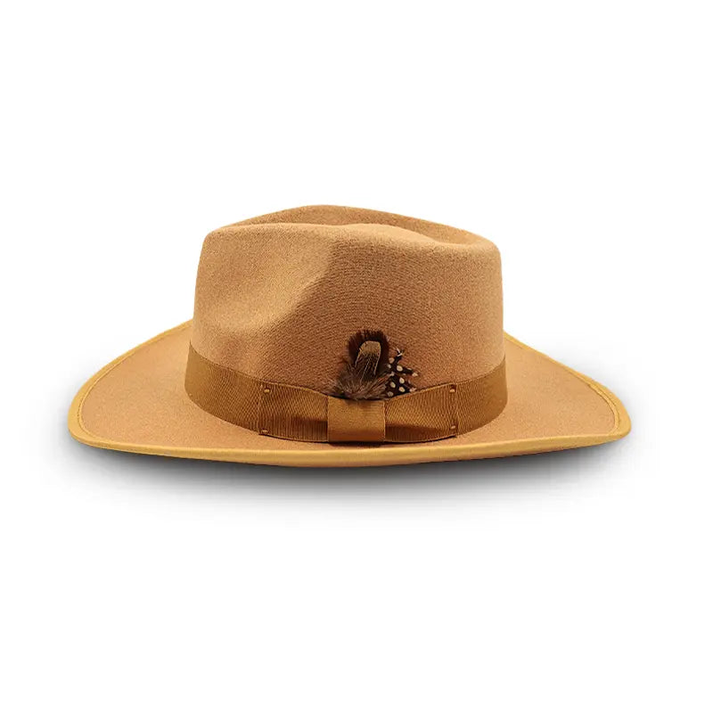 Tan wide - brimmed hat with bow and feather accent