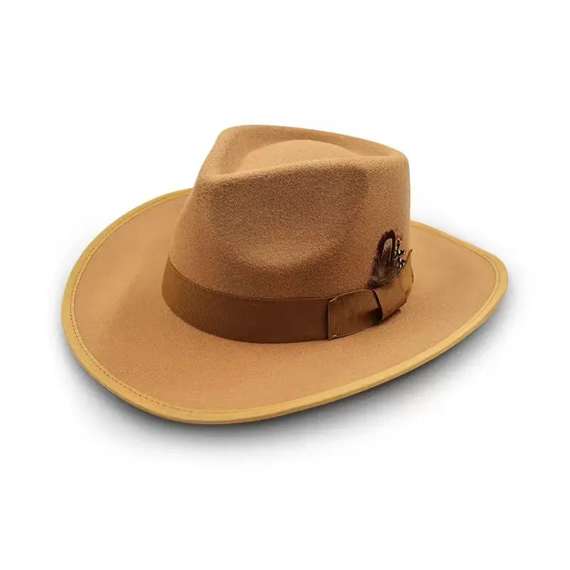 Tan wide - brimmed hat with brown band and feather accent